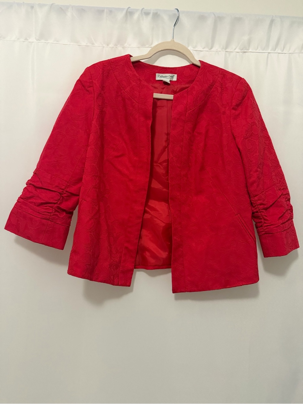Coldwater Creek Red Jacquard Open-Front Jacket Blazer (Size 10)
